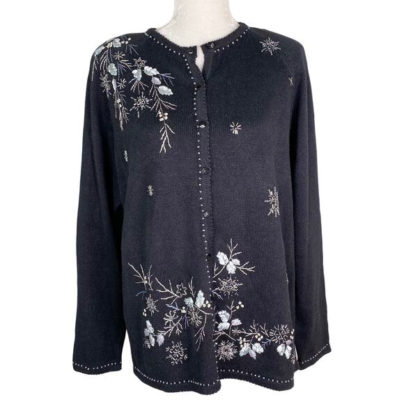 Stitches in Time Sweater Large Black Embroidery Button Down Beading New - Picture 1 of 10